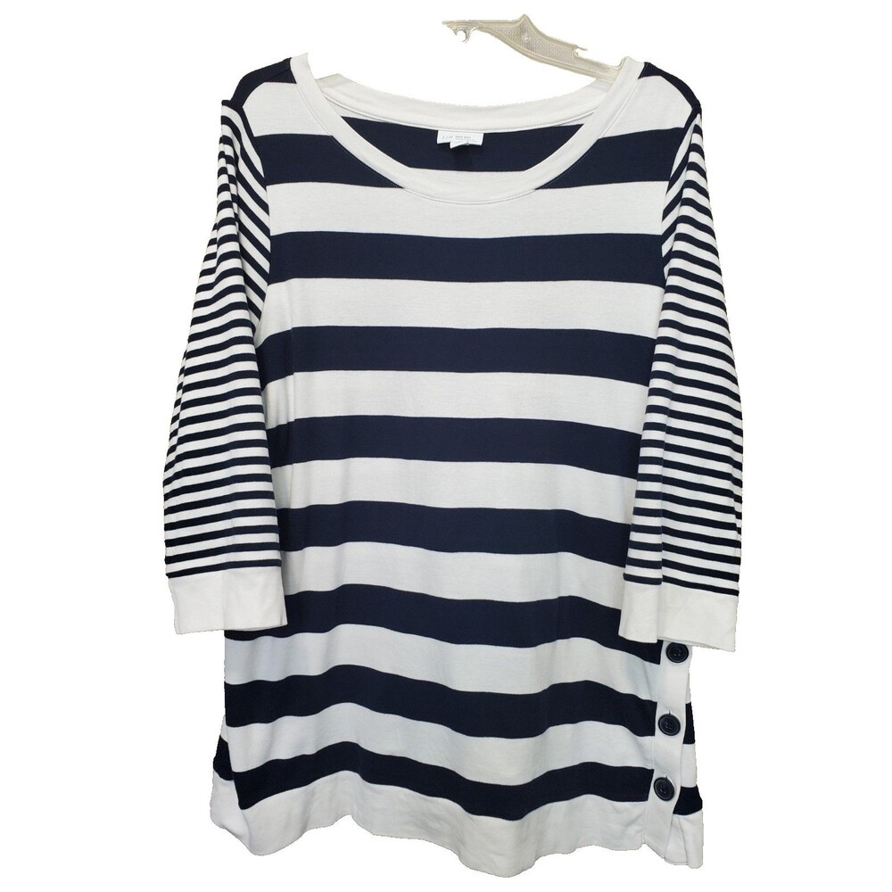 J Jill Organically Grown Cotton Striped Boat Neck Top w/Button Accent Size LP
